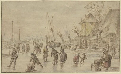 Winter Landscape, Many Skaters on the Ice, a Man Fastening Skates on a Woman on the Right