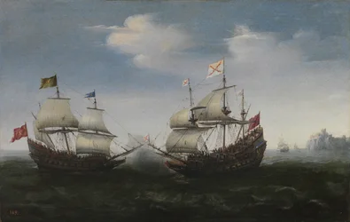 Naval combat against a rocky shore
