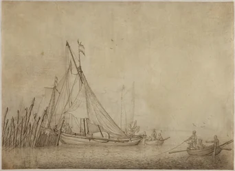 Ships at a Fishing Weir with a City in the Background