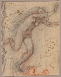 A Nude Female Figure Fleeing to the Right with Arms Outstretched, with Sketch of a Bust of Secondary Figure (recto); A Sketch of a Nude, Kneeling Female Figure, Supported by Another Standing (verso)