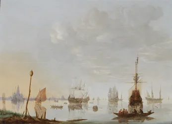 Shipping in a bay in a calm, a town in the distance