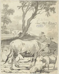Shepherd with Cows and Sheep under a Tree