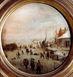 Winter landscape with ice skaters and hockey players