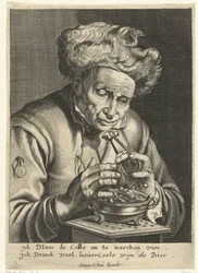 Old Man Blowing on a Piece of Charcoal