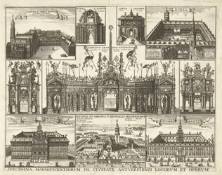 Sheet with Ten Depictions of the Entry of Cardinal-Infant Ferdinand into Antwerp, 1635 (Specimina magnificentiorum in civitate Antverpiensi locorum et operum) (title on object)