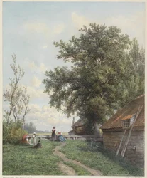 Farmyard with Some Figures, a Barn, and a Large Tree on the Right