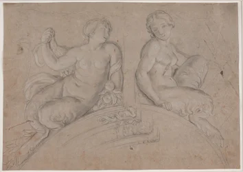 Two Female Satyr Figures (Fauns) on a Segmental Arch