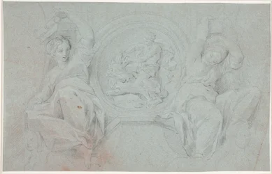 Two seated female figures around a medallion with Heracles