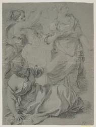 Three Draped Female Figures and a More Sketched Head and Upper Body of a Fourth
