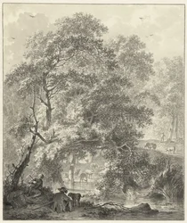 Forest Scene with Two Boys and a Dog Sitting by the Water