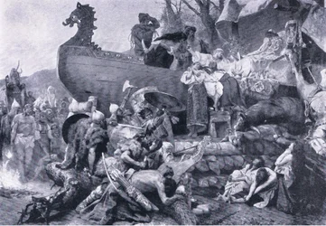 Cremation of a chief in eastern Russia-tenth century, illustration from Landmarks in European History