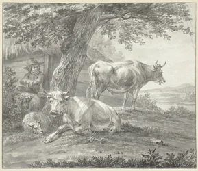Two Cows and Two Sheep Under a Tree by a Barn