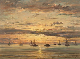 Sunset at Scheveningen: A Fleet of Fishing Vessels at Anchor