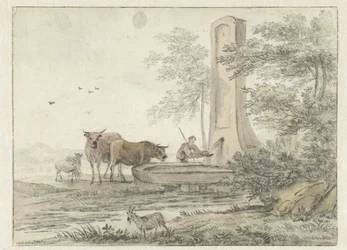 Italianate Landscape with Herder and His Cattle and Sheep at a Fountain