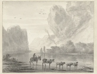 Rocky River Landscape with a Herder with his Cattle and Sheep