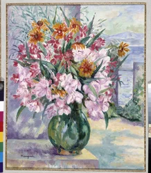 Vase of Flowers on Terrace in Front of the Sea