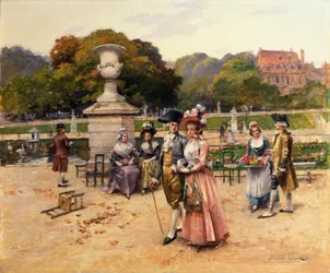 Elegant Figures Strolling in a Park
