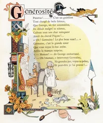 Letter G Generosity - Gendarme Crane Wasp Buckets Wallflower Gourd Frog - Engraving in "Alphabet of Good Examples" - Jules Levy, publisher - Illustrations by Henri Boulanger, alias Henri Gray (1858-1924). Texts (poems) by Mme P. Boulanger