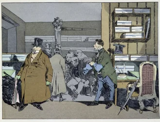 Nine Hours: Arrival of Employees, Change of Costumes, Small Stove Tour - in Administrative Mores by Henri Monnier