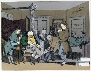 Ten hours: reading newspapers, lunches, size of feathers - in "Administrative mores" by Henri Monnier