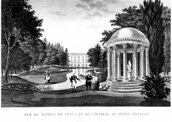 View of the Temple of Venus and the Castle of the Peer Trianon in Versailles - Drawing by Courvoisier