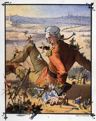Lemuel Gulliver is tied up by the Lilliputians. Illustration for 