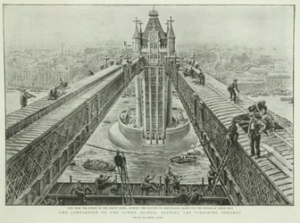 The completion of the Tower Bridge: putting the finishing touches (engraving)