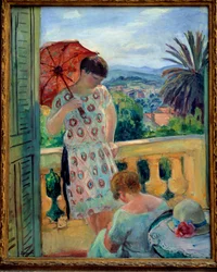 Two women on a balcony or on the balcony, in view of the Esterel. Painting by Henri Lebasque 1925-1926. Lyon, musee des Beaux Arts