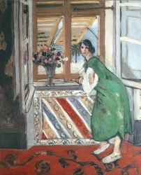 Interior at Nice: Young Woman in a Green Dress Leaning at the Window