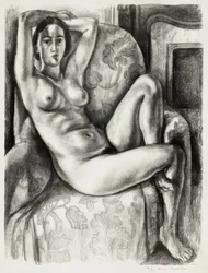 Nude with Blue Cushion Beside a Fireplace