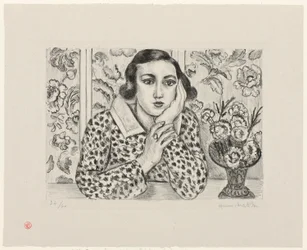 Young Girl Leaning by Flowered Screen