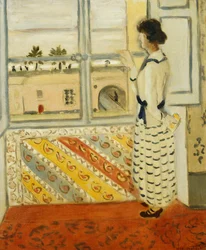 Young Woman at a Window, Blue Striped Dress