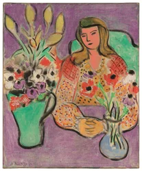 Young Woman with Anemones on Purple Background