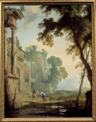 Landscape with a woman, an old man, and a child in a landscape of Roman ruins with pond