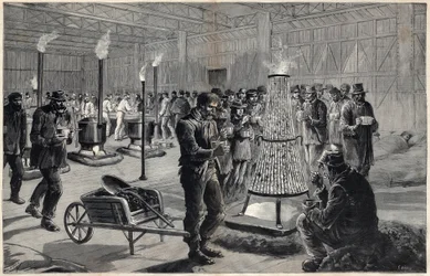 Night Asylum of the Palace of Liberal Arts at Champs de Mars in 1891 (Drawing by Henri Meyer, Engraving by Navellier in 