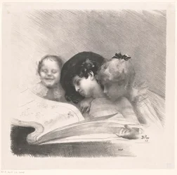 Three Girls Looking at a Print Album