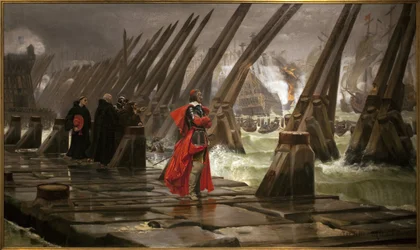 Richelieu on the dike of La Rochelle, painting by Henri Motte