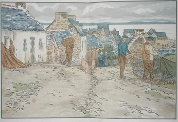 Breton fishermen arranging their nets