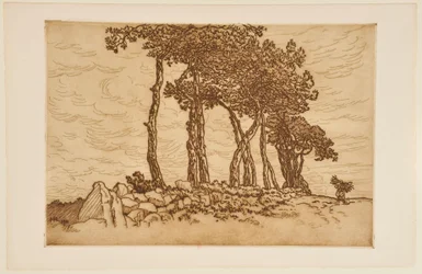 [Old Woman Carrying a Bundle of Sticks near a Row of Trees]