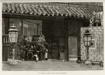 King Dong Khanh, Emperor of Annam, home in the imperial city of Hue. Engraving by Thiriat, to illustrate the story Trente mois au Tonkin by Dr. Charles Edouard Hocquard