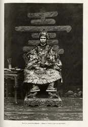 Portrait of King Dong Khanh, Emperor of Annam, in ceremonial costume (engraving by Thiriat, to illustrate the story 