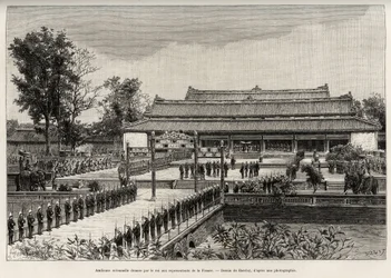 Solemn audience given by King Dong Khanh (1864-1889) Emperor of Annam to the representatives of France in the imperial city of Hue (Vietnam). Engraving by Thiriat, to illustrate the story 