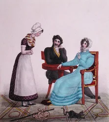 And above all else, be good!, caricature of a couple talking to their maid before she leaves, c.1820-30