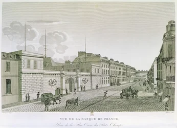 The Bank of France from Rue Croix-Petits-Champs, engraved by Eugene Dubois, 1800