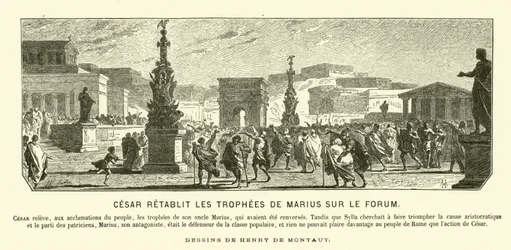 Julius Caesar restoring the triumphal monuments of his uncle Gaius Marius to their previous positions in the Forum, Rome, 65 BC (engraving)