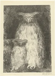 Owl with Two Owlets Sitting on a Branch