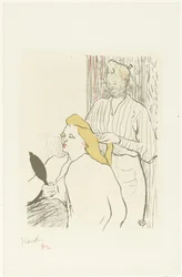 Hairdresser Combing the Hair of a Seated Woman with Mirror in Hand