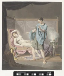 Classical Scene with Standing Man by Woman on Couch