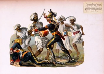 Sergeant Hartigan, 9th Lancers, attacking unarmed 4 Natives who had entered the Camp disguised as Musicians and killed Sergeant Crews, Indian Mutiny, from a series entitled 