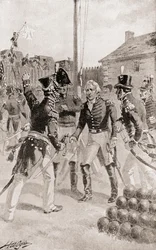 Brigadier General William Hull surrenders the fort and town of Detroit, Michigan, America during The Siege of Detroit, from The History of Our Country, published 1905